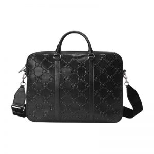 Gucci GG Embossed Briefcase Black Leather Cotton Linen Lining - GBC005