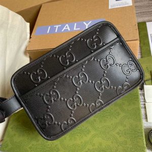 Gg Embossed Cosmetic Case Black Gg Embossed Leather Cotton Linen Lining GMB020