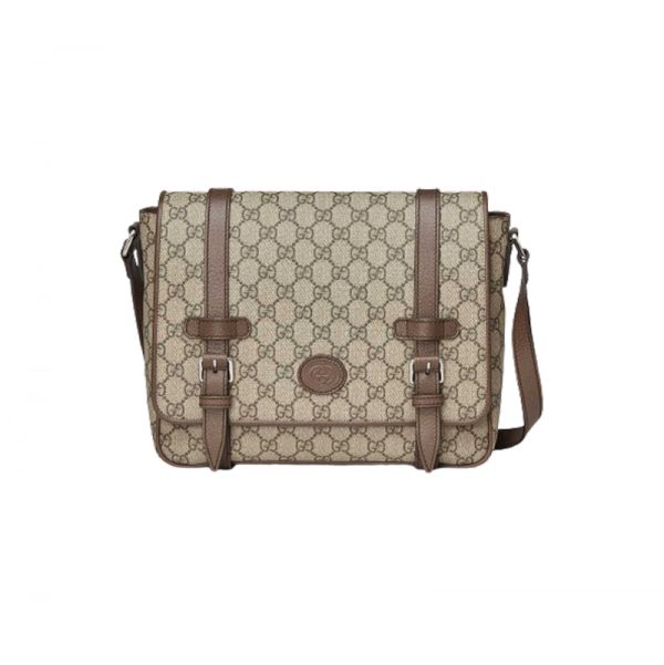 Gucci Messenger Bag Beige/Ebony Gg Supreme Canvas Brown Leather Trim GMB008