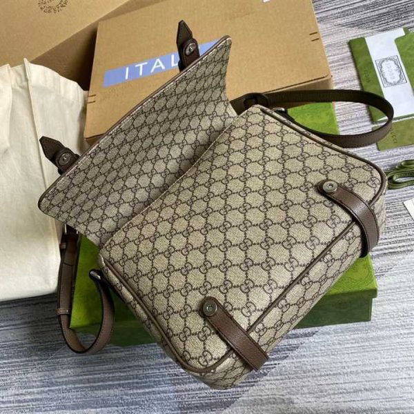 Gucci Messenger Bag Beige/Ebony Gg Supreme Canvas Brown Leather Trim GMB008