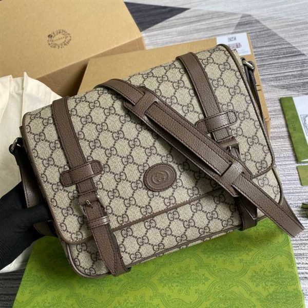 Gucci Messenger Bag Beige/Ebony Gg Supreme Canvas Brown Leather Trim GMB008